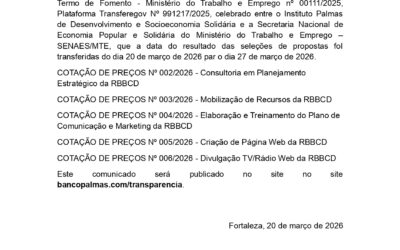 O Instituto Palmas de Desenvolvimento e Socioeconomia Solidária, comunica a todas as empresas interessadas e que participaram das Cotações Prévias de Preços abaixo descriminadas para uso exclusivo na execução do Projeto Rede Brasileira de Bancos Comunitários de Desenvolvimento – RBBCD